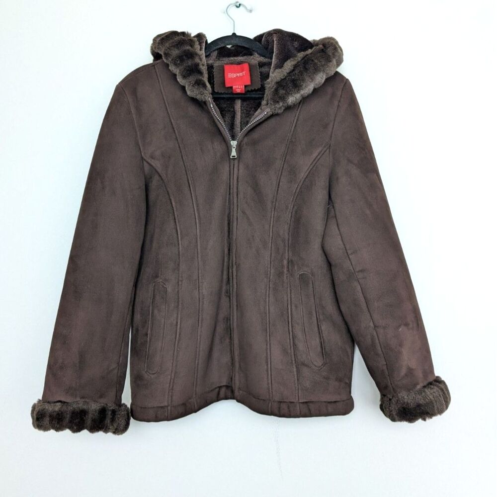Y2K Mobwife Shearling Faux Fur Plush Sueded Full Zip Hoodie Brown Esprit Sz L